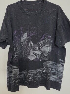 Vintage 90s Wolf Pack All Over Print T Shirt SS Nature Moon AOP Fade Black  XXL
